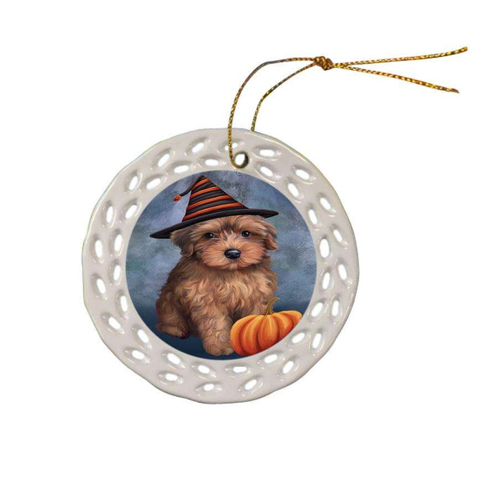 Happy Halloween Yorkipoo Dog Wearing Witch Hat with Pumpkin Ceramic Doily Ornament DPOR54883