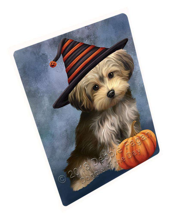 Happy Halloween Yorkipoo Dog Wearing Witch Hat with Pumpkin Cutting Board C69090