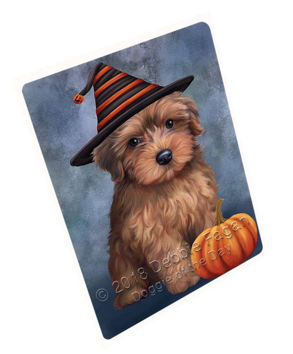 Happy Halloween Yorkipoo Dog Wearing Witch Hat with Pumpkin Cutting Board C69093