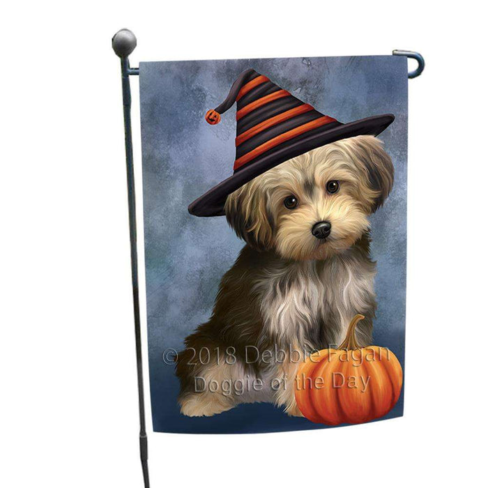 Happy Halloween Yorkipoo Dog Wearing Witch Hat with Pumpkin Garden Flag GFLG54944