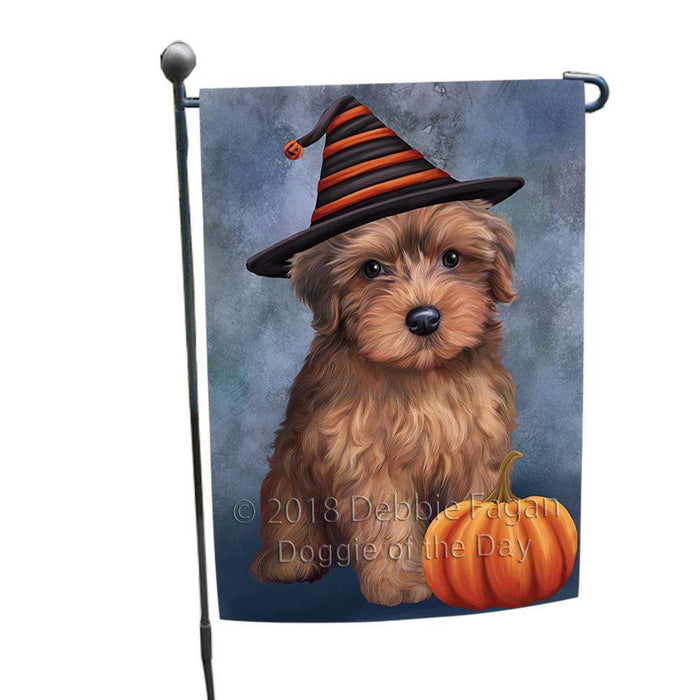 Happy Halloween Yorkipoo Dog Wearing Witch Hat with Pumpkin Garden Flag GFLG54945