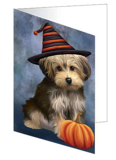 Happy Halloween Yorkipoo Dog Wearing Witch Hat with Pumpkin Handmade Artwork Assorted Pets Greeting Cards and Note Cards with Envelopes for All Occasions and Holiday Seasons GCD68675