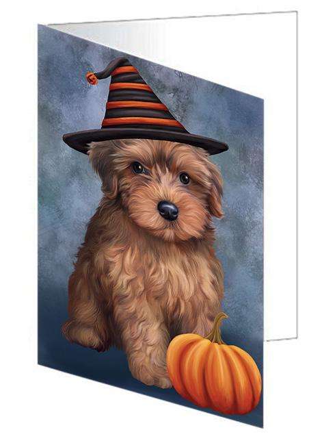 Happy Halloween Yorkipoo Dog Wearing Witch Hat with Pumpkin Handmade Artwork Assorted Pets Greeting Cards and Note Cards with Envelopes for All Occasions and Holiday Seasons GCD68678