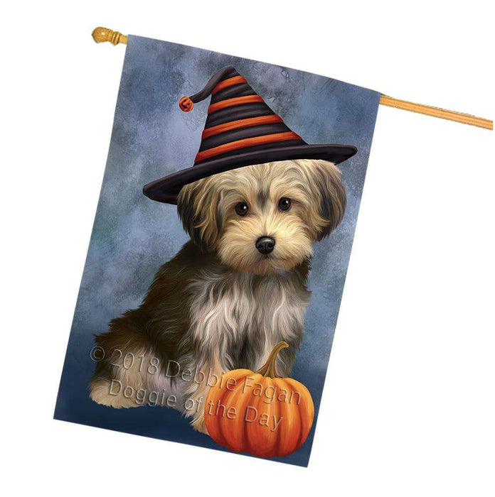 Happy Halloween Yorkipoo Dog Wearing Witch Hat with Pumpkin House Flag FLG55080