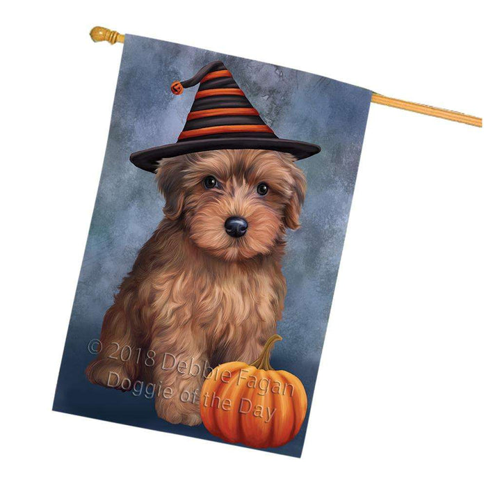 Happy Halloween Yorkipoo Dog Wearing Witch Hat with Pumpkin House Flag FLG55081