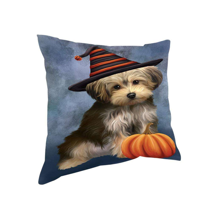 Happy Halloween Yorkipoo Dog Wearing Witch Hat with Pumpkin Pillow PIL76152