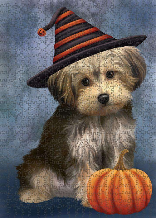 Happy Halloween Yorkipoo Dog Wearing Witch Hat with Pumpkin Puzzle with Photo Tin PUZL86684