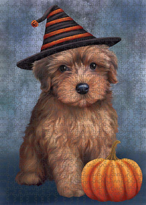 Happy Halloween Yorkipoo Dog Wearing Witch Hat with Pumpkin Puzzle with Photo Tin PUZL86688