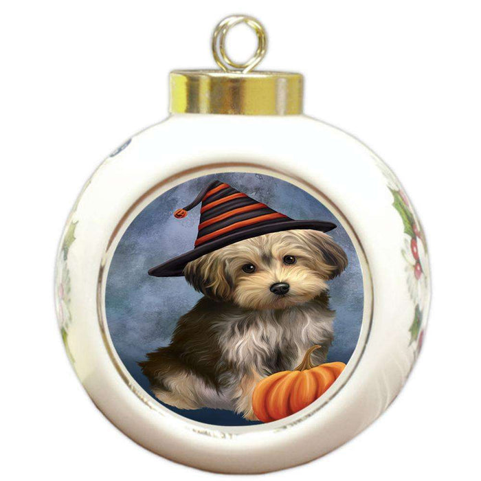 Happy Halloween Yorkipoo Dog Wearing Witch Hat with Pumpkin Round Ball Christmas Ornament RBPOR54882