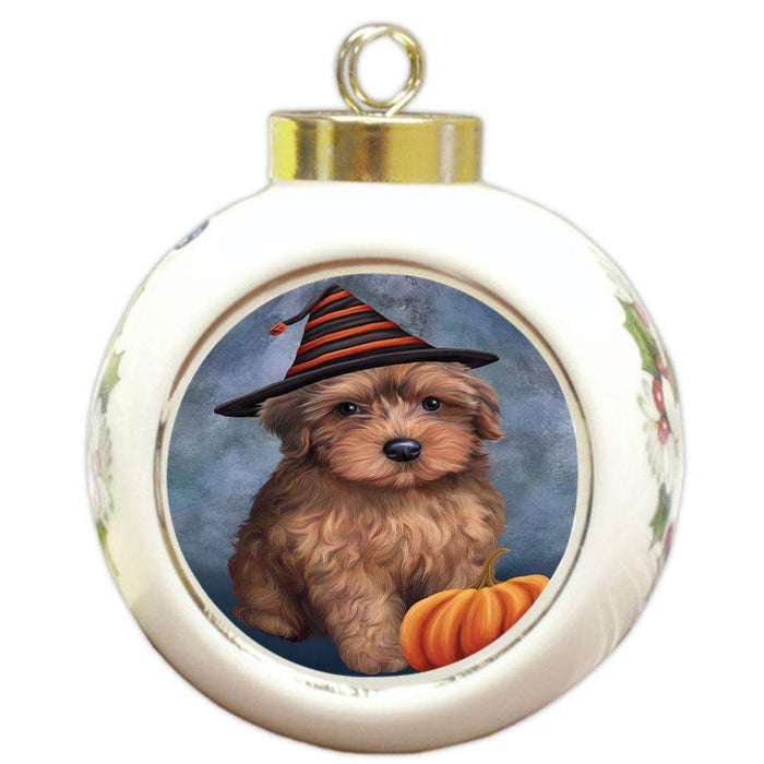 Happy Halloween Yorkipoo Dog Wearing Witch Hat with Pumpkin Round Ball Christmas Ornament RBPOR54883