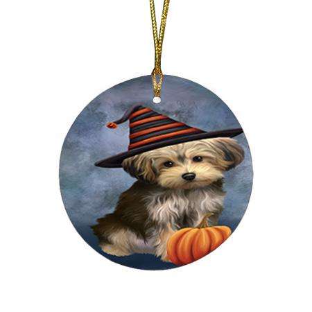 Happy Halloween Yorkipoo Dog Wearing Witch Hat with Pumpkin Round Flat Christmas Ornament RFPOR54873
