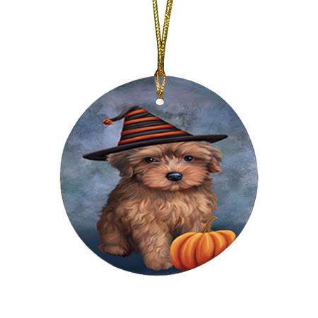 Happy Halloween Yorkipoo Dog Wearing Witch Hat with Pumpkin Round Flat Christmas Ornament RFPOR54874