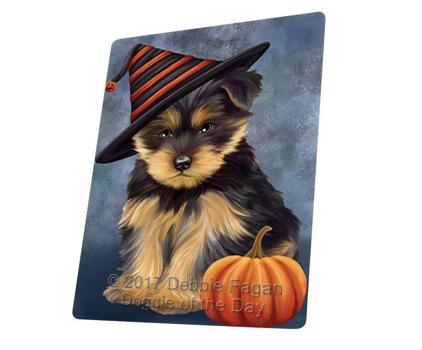 Happy Halloween Yorkshire Terrier Dog Wearing Witch Hat with Pumpkin Art Portrait Print Woven Throw Sherpa Plush Fleece Blanket