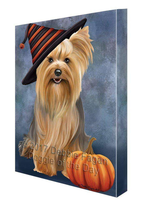 Happy Halloween Yorkshire Terrier Dog Wearing Witch Hat with Pumpkin Canvas Wall Art