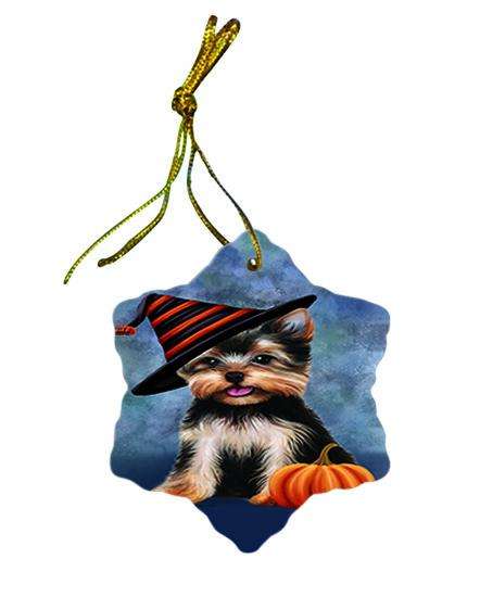 Happy Halloween Yorkshire Terrier Dog Wearing Witch Hat with Pumpkin Ceramic Doily Ornament DPOR54947