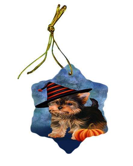 Happy Halloween Yorkshire Terrier Dog Wearing Witch Hat with Pumpkin Ceramic Doily Ornament DPOR54949