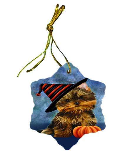 Happy Halloween Yorkshire Terrier Dog Wearing Witch Hat with Pumpkin Ceramic Doily Ornament DPOR54952