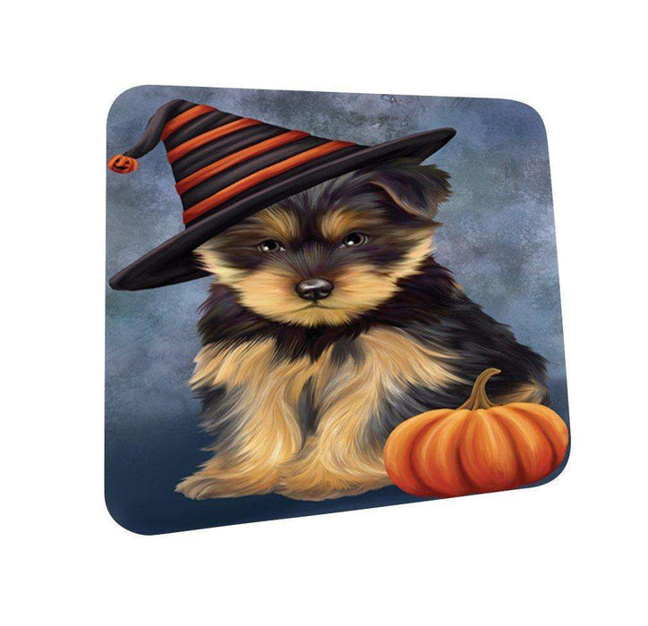 Happy Halloween Yorkshire Terrier Dog Wearing Witch Hat with Pumpkin Coasters Set of 4