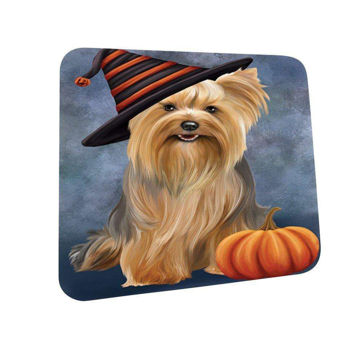 Happy Halloween Yorkshire Terrier Dog Wearing Witch Hat with Pumpkin Coasters Set of 4