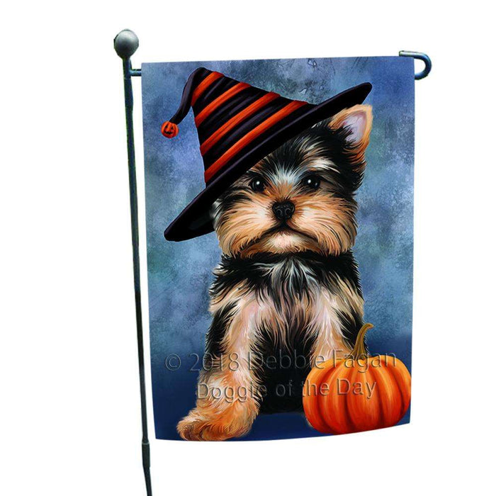 Happy Halloween Yorkshire Terrier Dog Wearing Witch Hat with Pumpkin Garden Flag GFLG55010