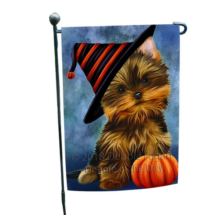 Happy Halloween Yorkshire Terrier Dog Wearing Witch Hat with Pumpkin Garden Flag GFLG55014