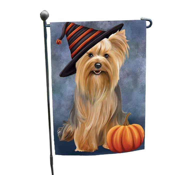 Happy Halloween Yorkshire Terrier Dog Wearing Witch Hat with Pumpkin Garden Flag