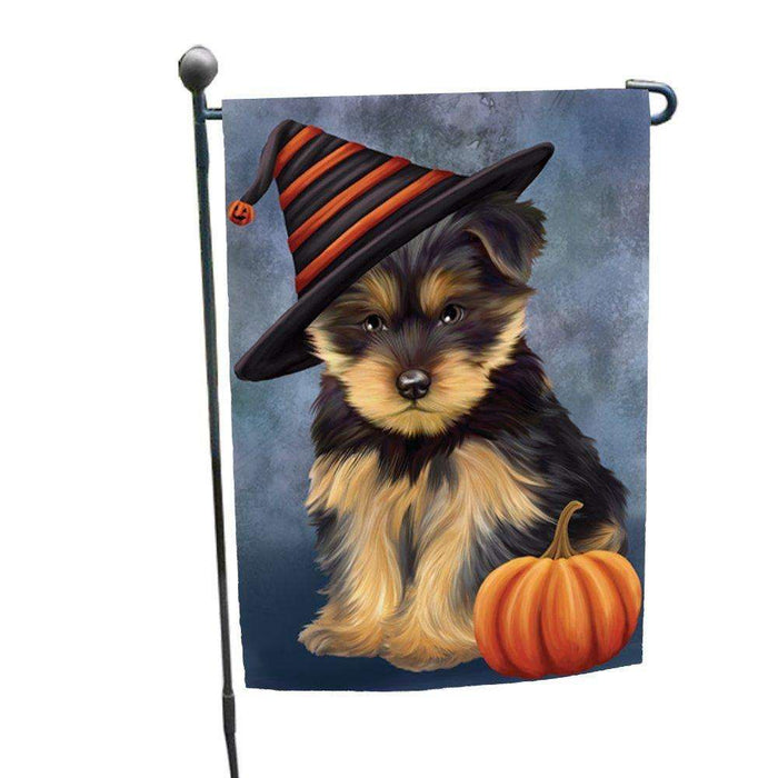 Happy Halloween Yorkshire Terrier Dog Wearing Witch Hat with Pumpkin Garden Flag