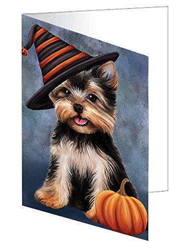 Happy Halloween Yorkshire Terrier Dog Wearing Witch Hat with Pumpkin Handmade Artwork Assorted Pets Greeting Cards and Note Cards with Envelopes for All Occasions and Holiday Seasons D184