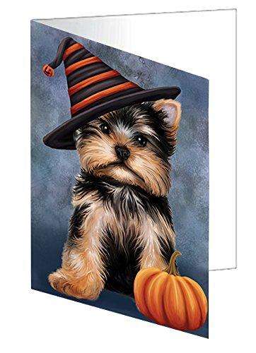 Happy Halloween Yorkshire Terrier Dog Wearing Witch Hat with Pumpkin Handmade Artwork Assorted Pets Greeting Cards and Note Cards with Envelopes for All Occasions and Holiday Seasons D185