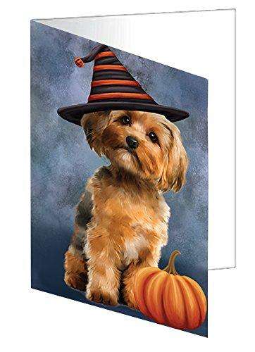 Happy Halloween Yorkshire Terrier Dog Wearing Witch Hat with Pumpkin Handmade Artwork Assorted Pets Greeting Cards and Note Cards with Envelopes for All Occasions and Holiday Seasons D189