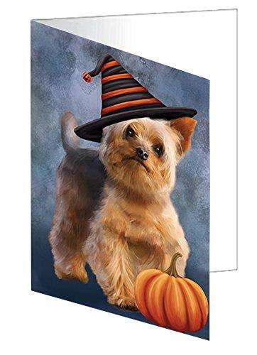 Happy Halloween Yorkshire Terrier Dog Wearing Witch Hat with Pumpkin Handmade Artwork Assorted Pets Greeting Cards and Note Cards with Envelopes for All Occasions and Holiday Seasons D191