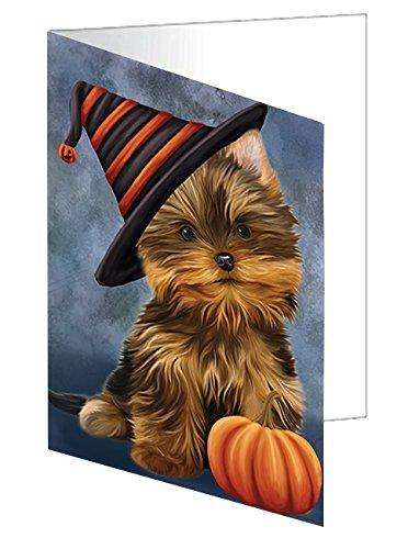 Happy Halloween Yorkshire Terrier Dog Wearing Witch Hat with Pumpkin Handmade Artwork Assorted Pets Greeting Cards and Note Cards with Envelopes for All Occasions and Holiday Seasons D194
