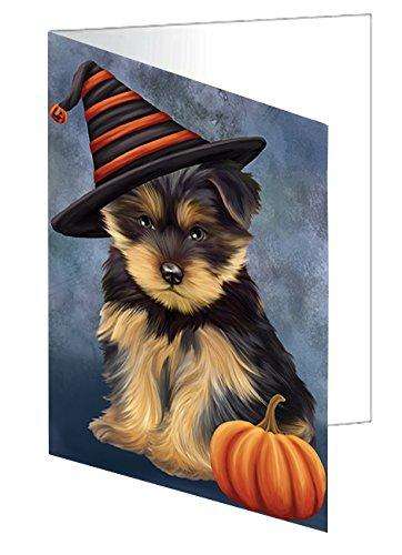Happy Halloween Yorkshire Terrier Dog Wearing Witch Hat with Pumpkin Handmade Artwork Assorted Pets Greeting Cards and Note Cards with Envelopes for All Occasions and Holiday Seasons