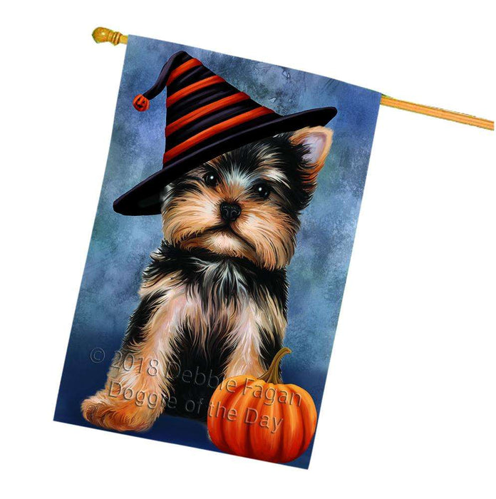 Happy Halloween Yorkshire Terrier Dog Wearing Witch Hat with Pumpkin House Flag FLG55146