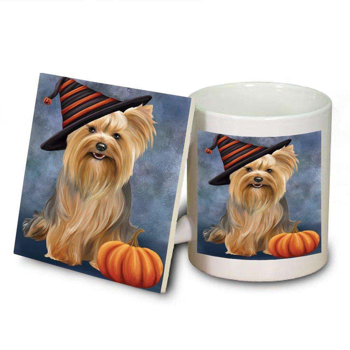 Happy Halloween Yorkshire Terrier Dog Wearing Witch Hat with Pumpkin Mug and Coaster Set