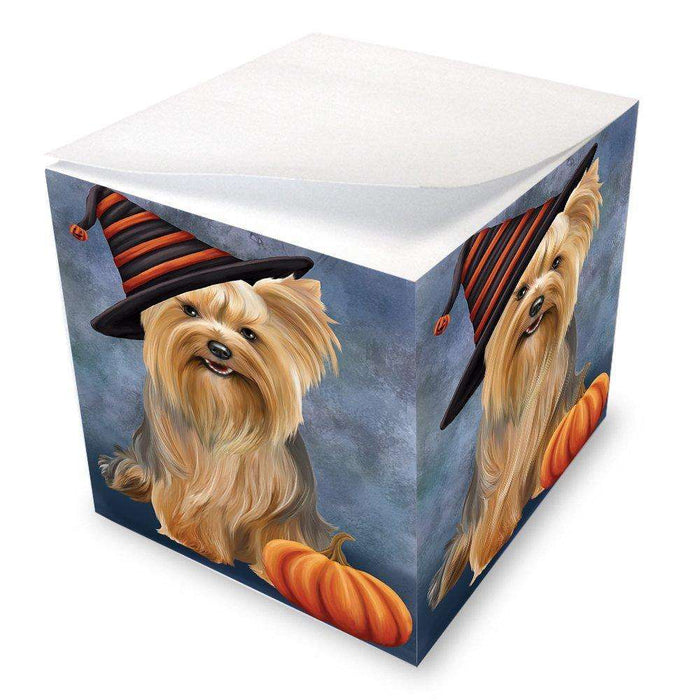 Happy Halloween Yorkshire Terrier Dog Wearing Witch Hat with Pumpkin Note Cube