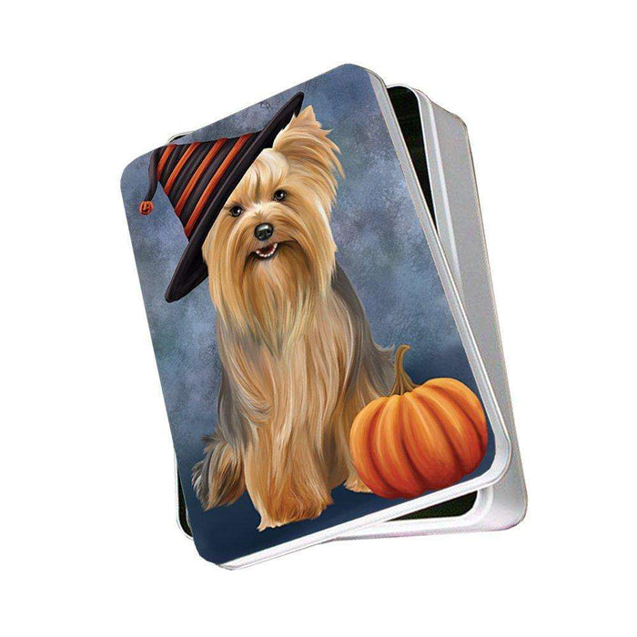 Happy Halloween Yorkshire Terrier Dog Wearing Witch Hat with Pumpkin Photo Storage Tin