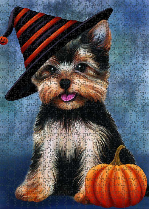 Happy Halloween Yorkshire Terrier Dog Wearing Witch Hat with Pumpkin Puzzle with Photo Tin PUZL86944