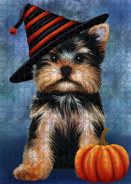 Happy Halloween Yorkshire Terrier Dog Wearing Witch Hat with Pumpkin Puzzle with Photo Tin PUZL86948
