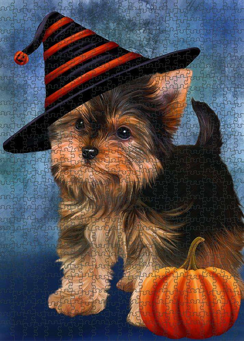 Happy Halloween Yorkshire Terrier Dog Wearing Witch Hat with Pumpkin Puzzle with Photo Tin PUZL86952