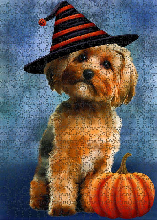 Happy Halloween Yorkshire Terrier Dog Wearing Witch Hat with Pumpkin Puzzle with Photo Tin PUZL86956