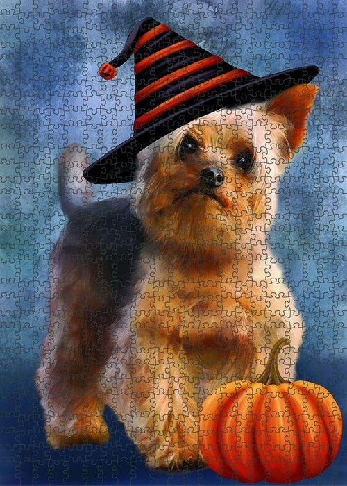 Happy Halloween Yorkshire Terrier Dog Wearing Witch Hat with Pumpkin Puzzle with Photo Tin PUZL86960