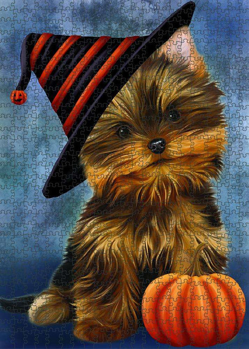 Happy Halloween Yorkshire Terrier Dog Wearing Witch Hat with Pumpkin Puzzle with Photo Tin PUZL86964