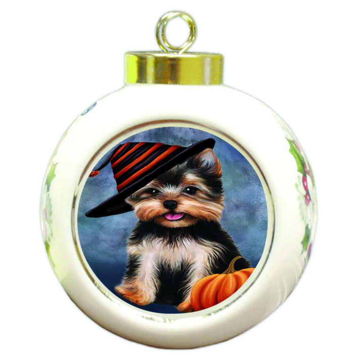Happy Halloween Yorkshire Terrier Dog Wearing Witch Hat with Pumpkin Round Ball Christmas Ornament RBPOR54947