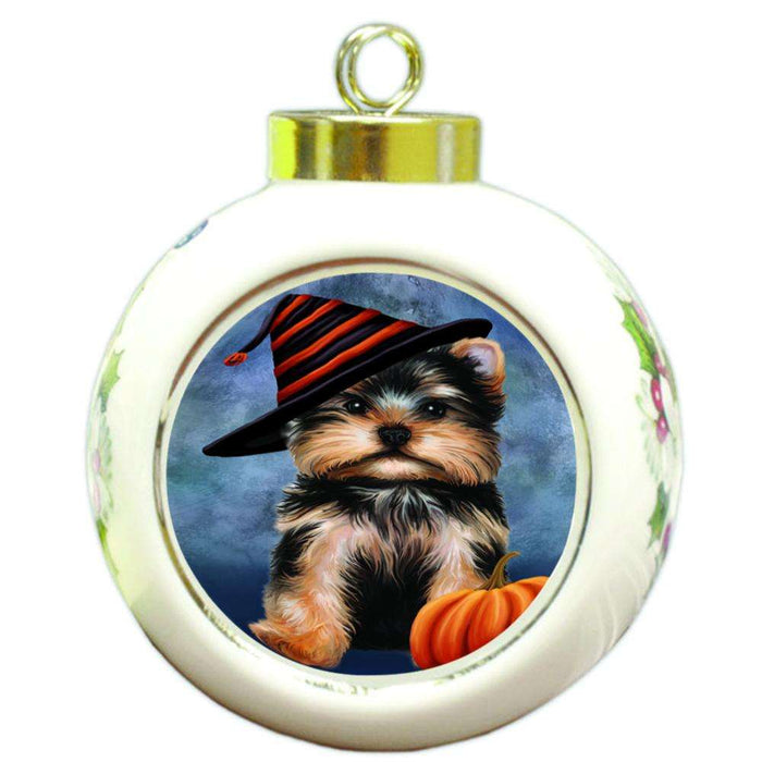 Happy Halloween Yorkshire Terrier Dog Wearing Witch Hat with Pumpkin Round Ball Christmas Ornament RBPOR54948