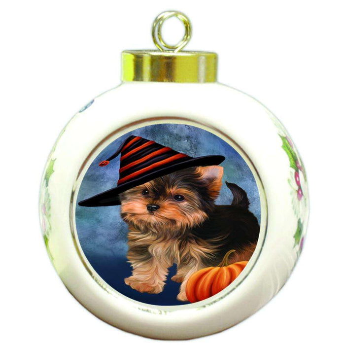 Happy Halloween Yorkshire Terrier Dog Wearing Witch Hat with Pumpkin Round Ball Christmas Ornament RBPOR54949