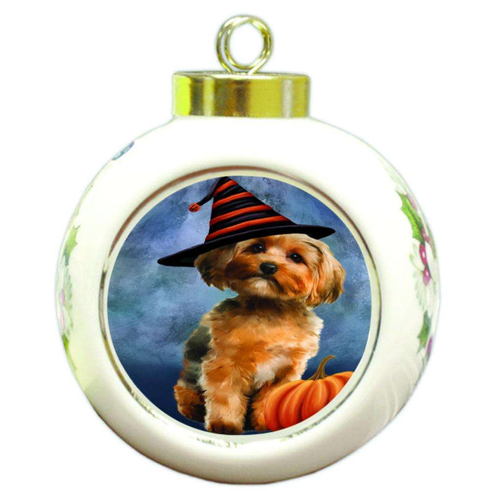 Happy Halloween Yorkshire Terrier Dog Wearing Witch Hat with Pumpkin Round Ball Christmas Ornament RBPOR54950