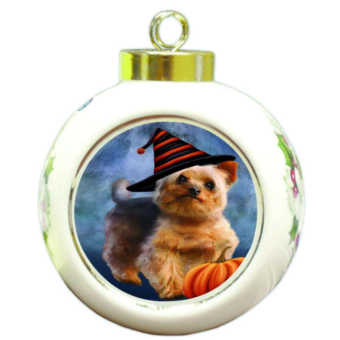 Happy Halloween Yorkshire Terrier Dog Wearing Witch Hat with Pumpkin Round Ball Christmas Ornament RBPOR54951
