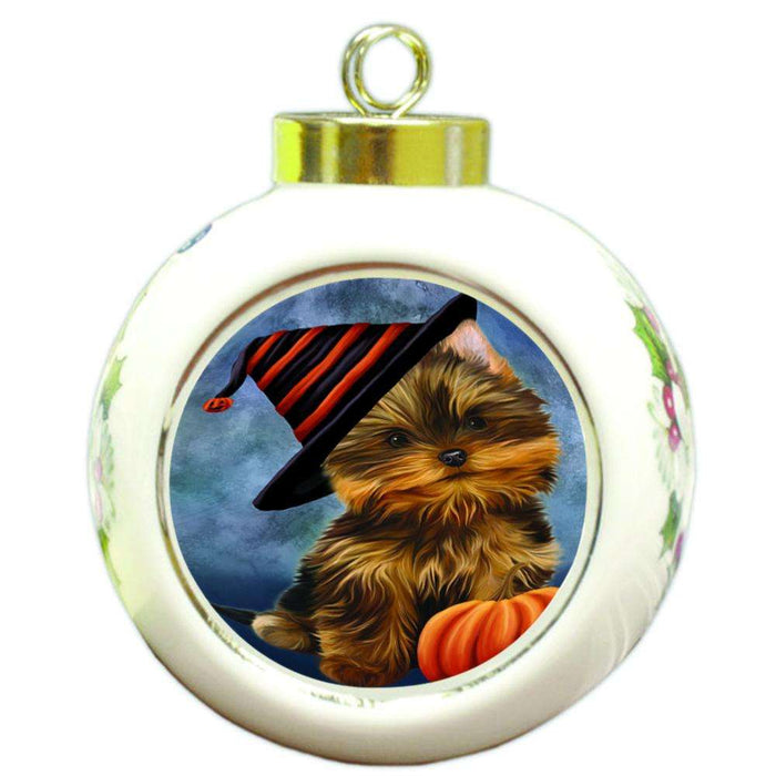 Happy Halloween Yorkshire Terrier Dog Wearing Witch Hat with Pumpkin Round Ball Christmas Ornament RBPOR54952