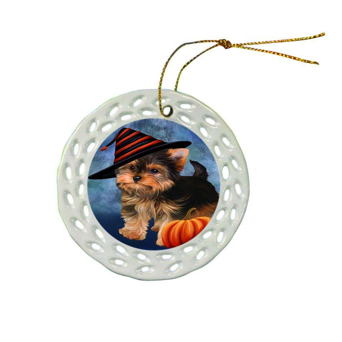 Happy Halloween Yorkshire Terrier Dog Wearing Witch Hat with Pumpkin Star Porcelain Ornament SPOR54940